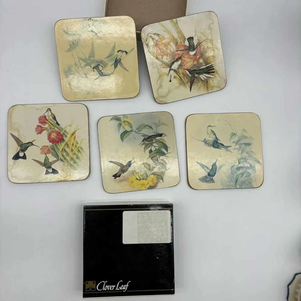Clover Leaf Vintage Bird Pictorial Wood Square Coaster Set, 5pc Heat Resistant